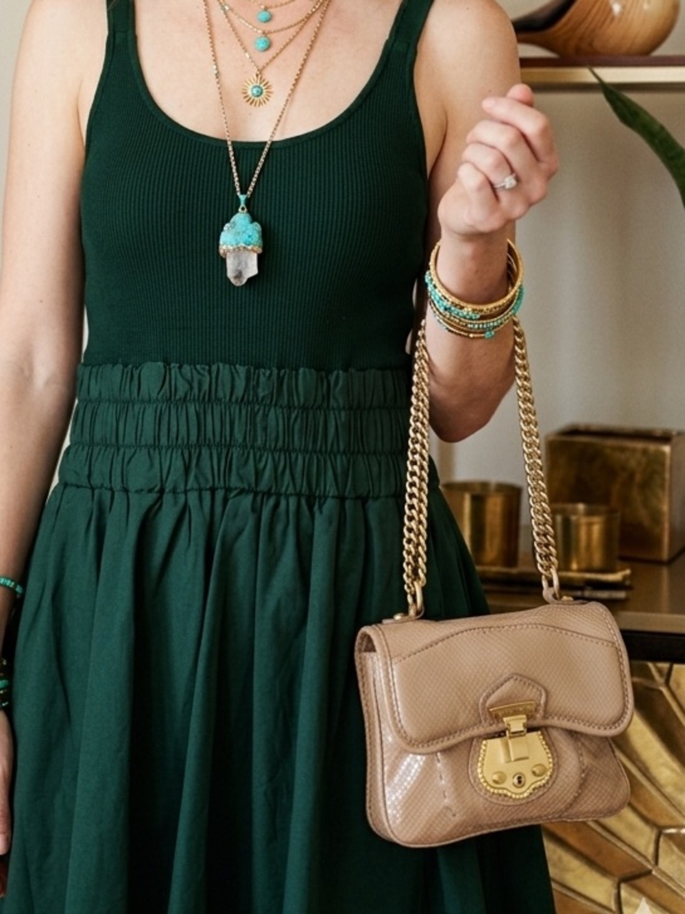 Y2K Leather Taupe Textured Chain-Handle Shoulder Bag SMALL